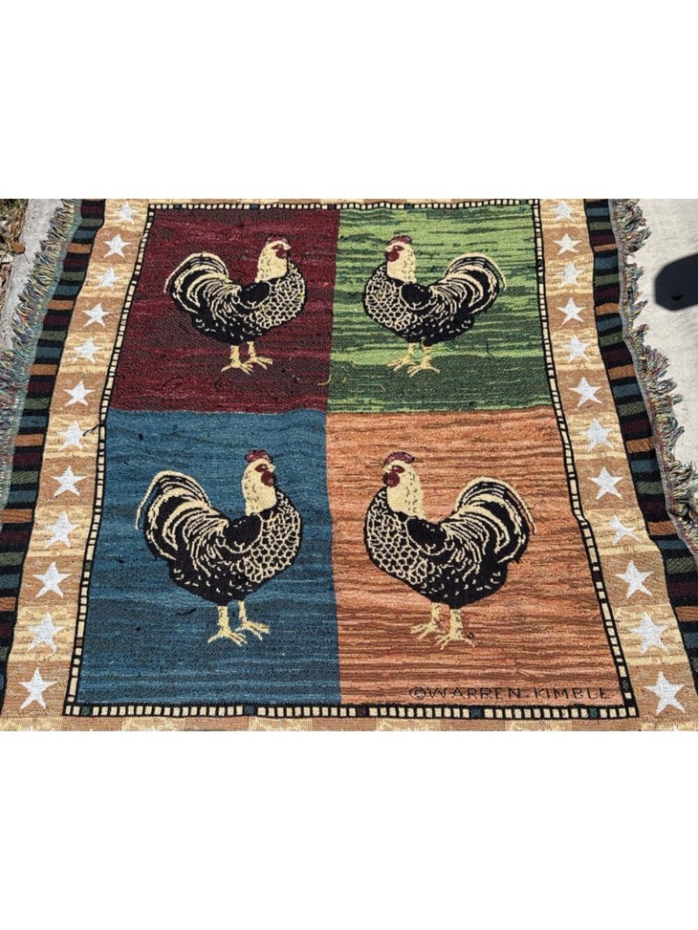 Vintage Warren Kimble Rooster Chicken Block Tapestry Throw Blanket Fringe 50x60" - Picture 2 of 8